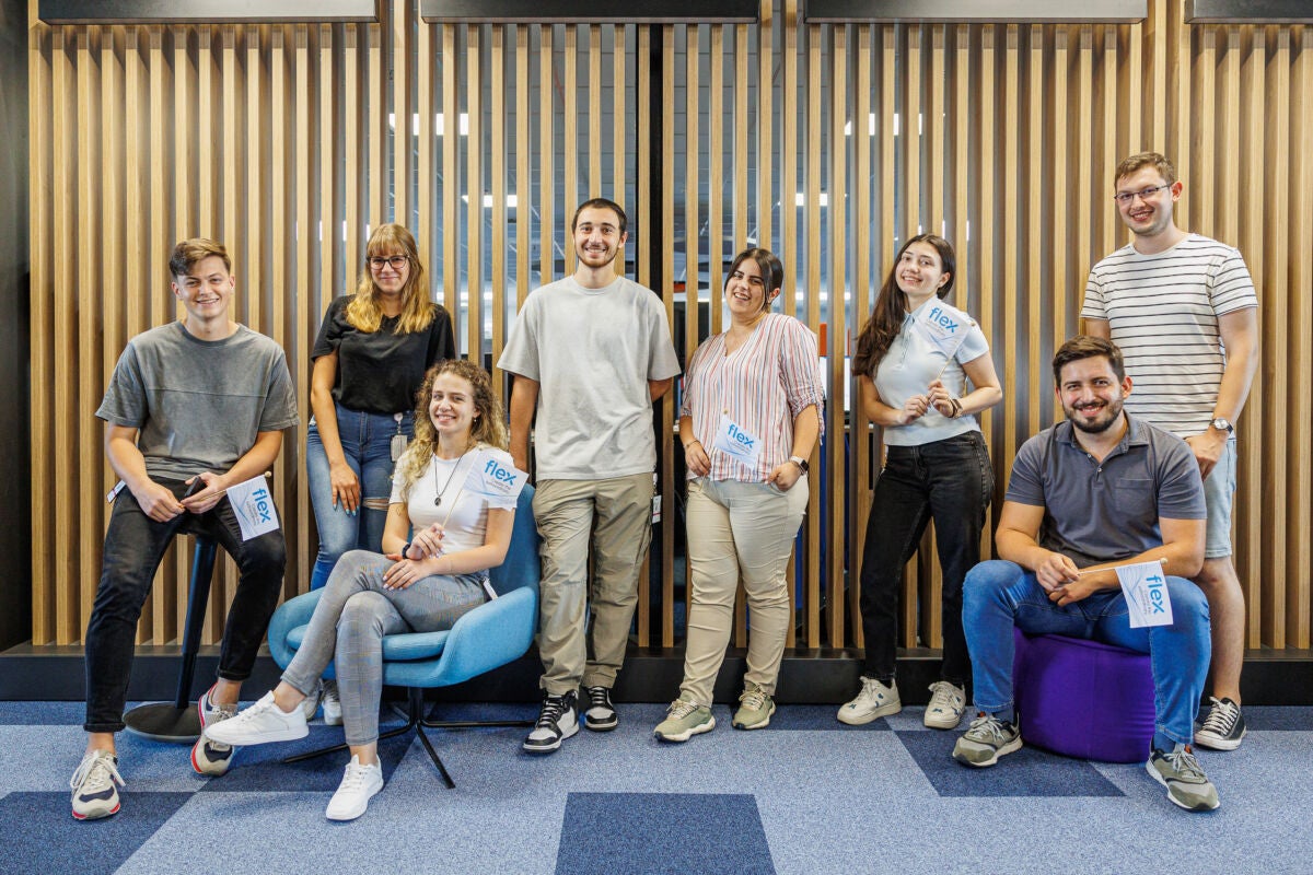 Group picture of Flex interns sitting and standing along a wall
